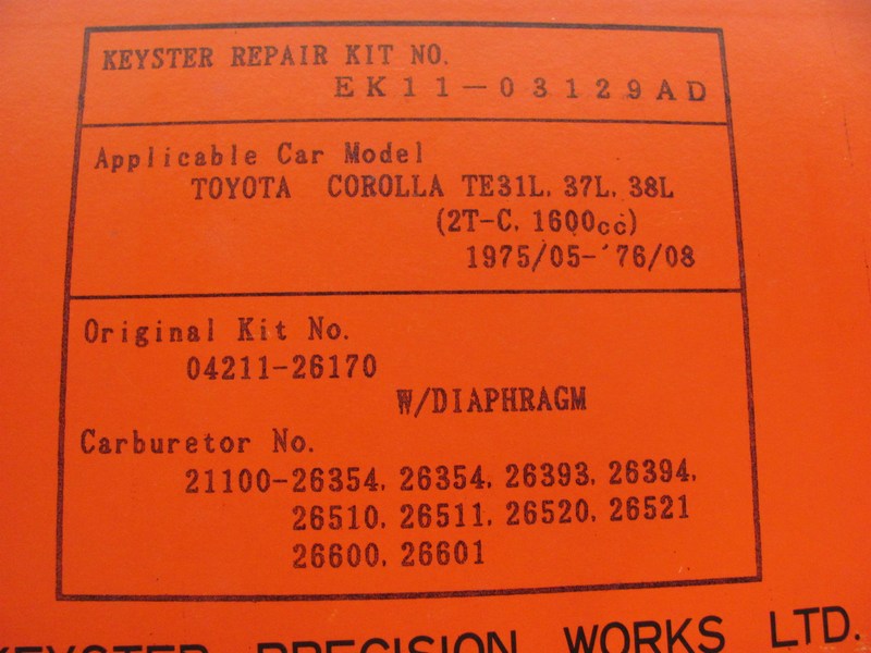 Keyster EK11-03129AD Aisan 2 Bbl Carburetor Rebuild Kit  For 1973-1980 Corolla