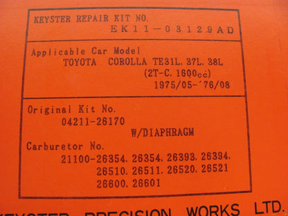 Keyster EK11-03129AD Aisan 2 Bbl Carburetor Rebuild Kit  For 1973-1980 Corolla