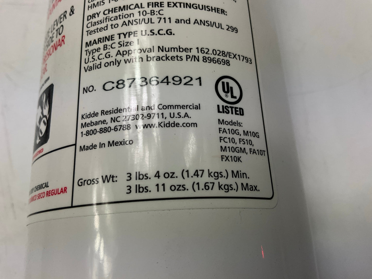 Kidde 21008634N 10 B C Rated Auto / Marine Fire Extinguisher UL Rated 10-B:C