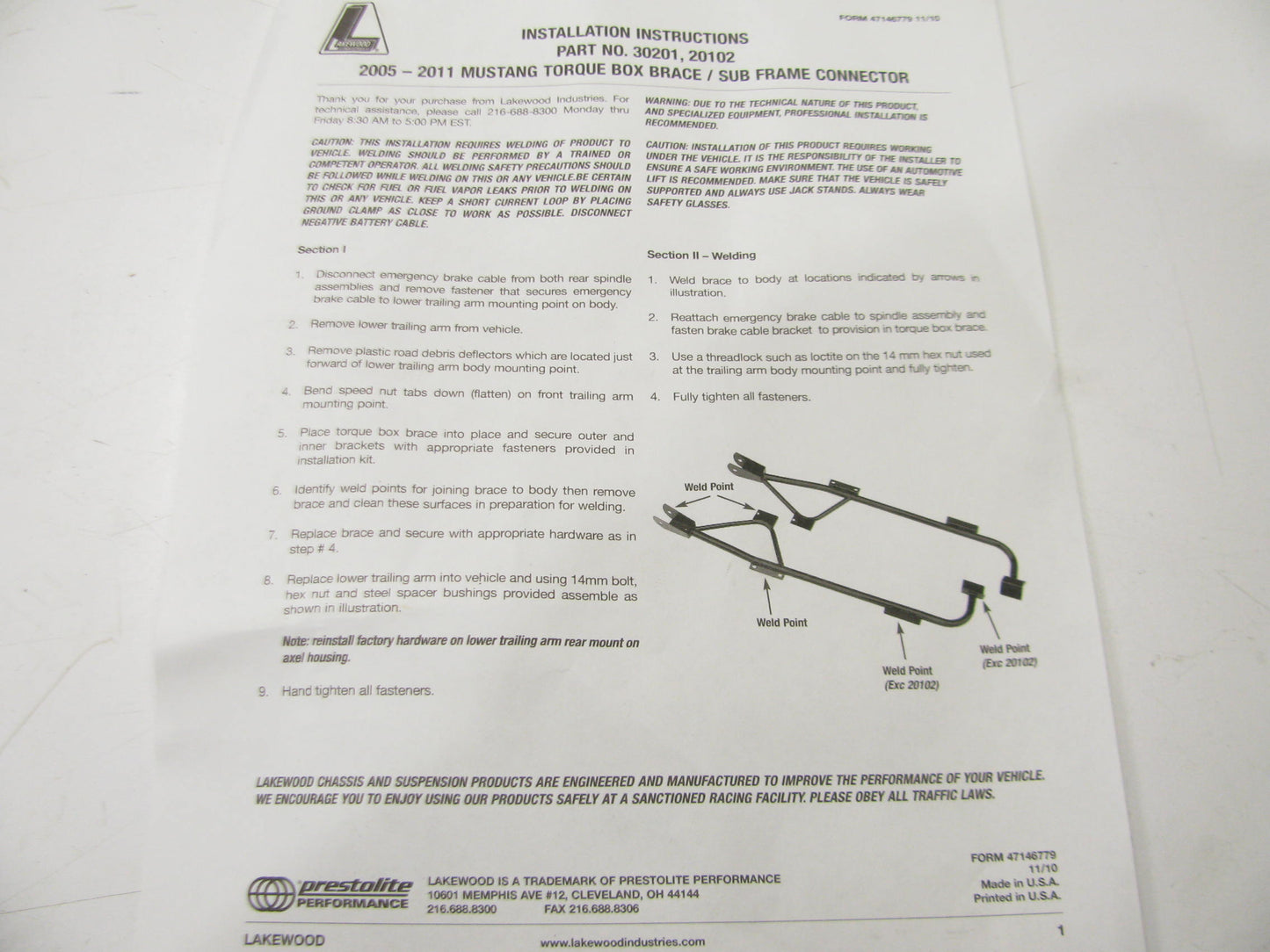 Lakewood 20102 Steel Torque Box Brace Supports Subframe Connector  05-11 Mustang