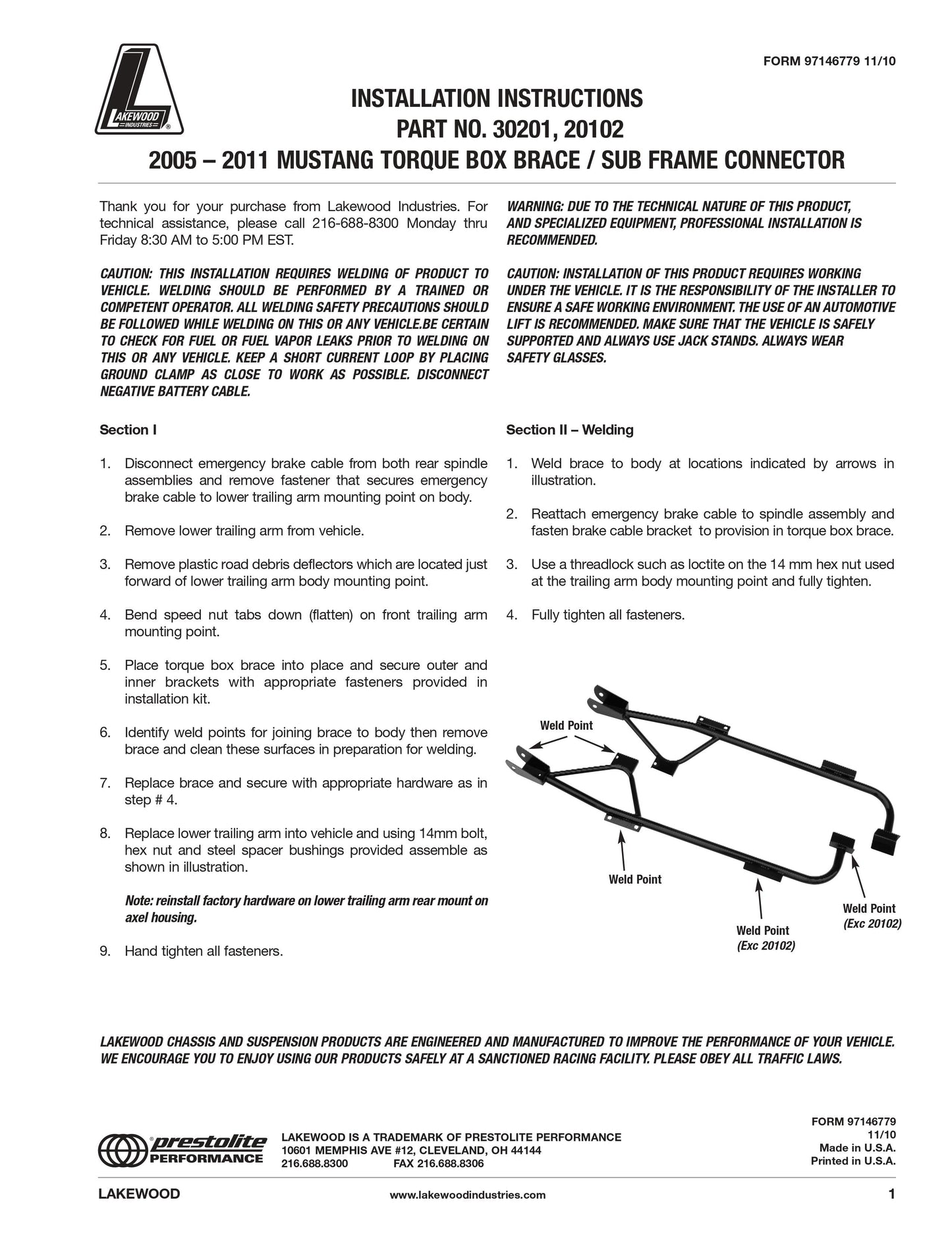 Lakewood 20102 Steel Torque Box Brace Supports Subframe Connector  05-11 Mustang