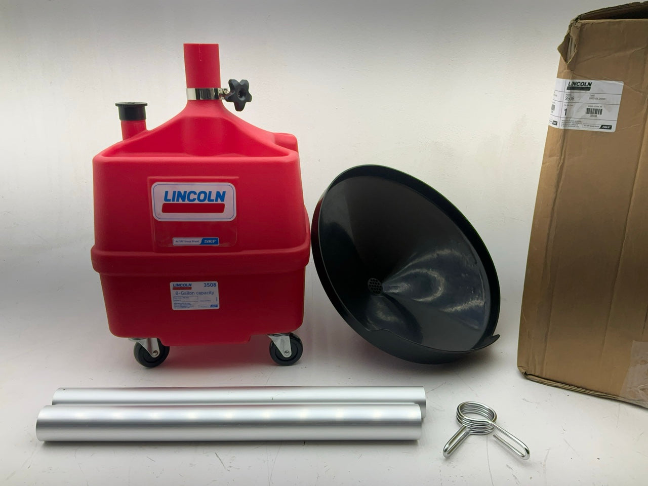 Lincoln 3508 8 Gallon Waste Fluid Drain Tank, 36-65'' Adjustable Funnel Height