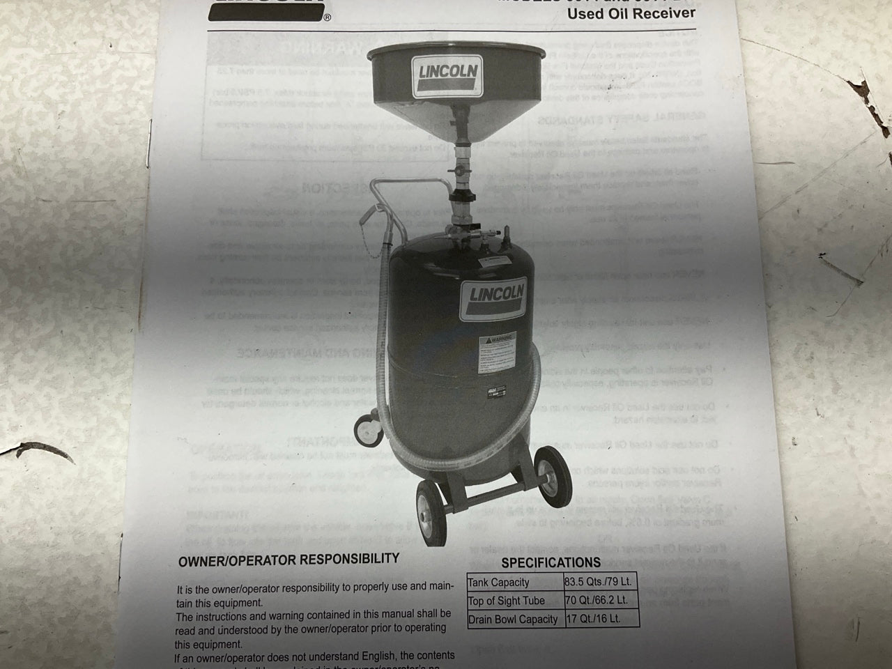 Lincoln 3614 Pneumatic 20 Gallon Pressurized Fluid Oil Drain And Evacuation Tank