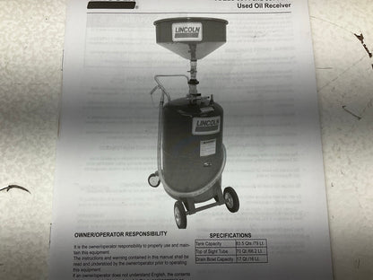 Lincoln 3614 Pneumatic 20 Gallon Pressurized Fluid Oil Drain And Evacuation Tank