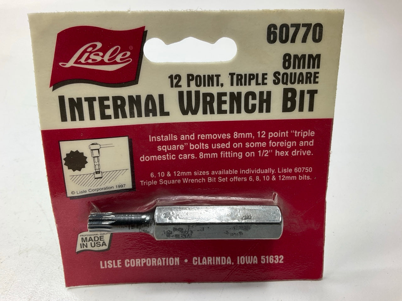 Lisle 60770 8mm Wrench, 12 Point Triple Square Internal Wrench Bit, Made In USA