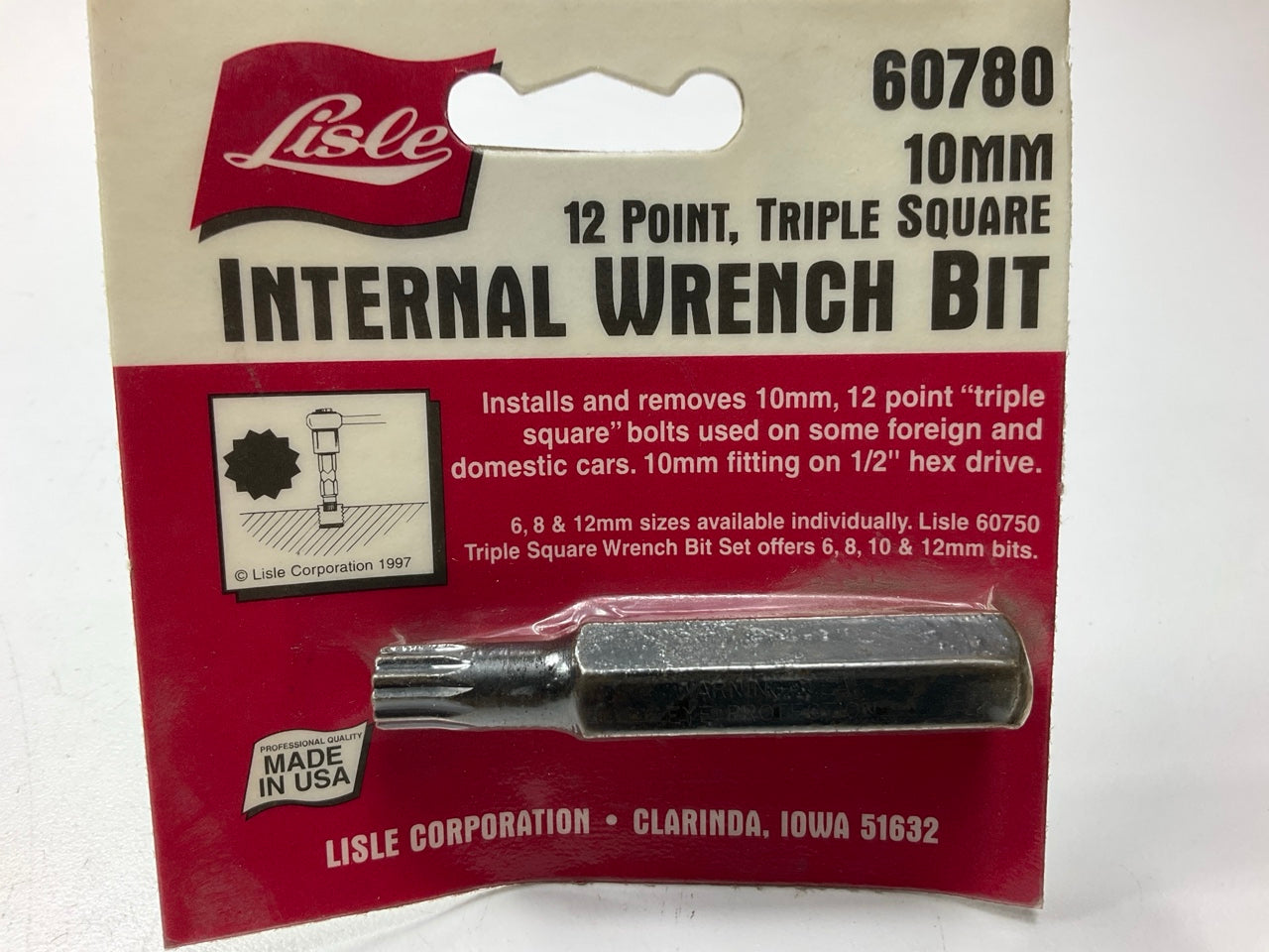 Lisle 60780 Triple Square Internal Wrench Bit  Tool USA - 12 Point, 10MM