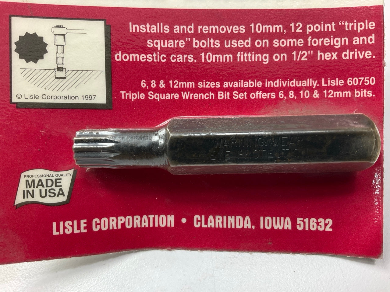 Lisle 60780 Triple Square Internal Wrench Bit  Tool USA - 12 Point, 10MM