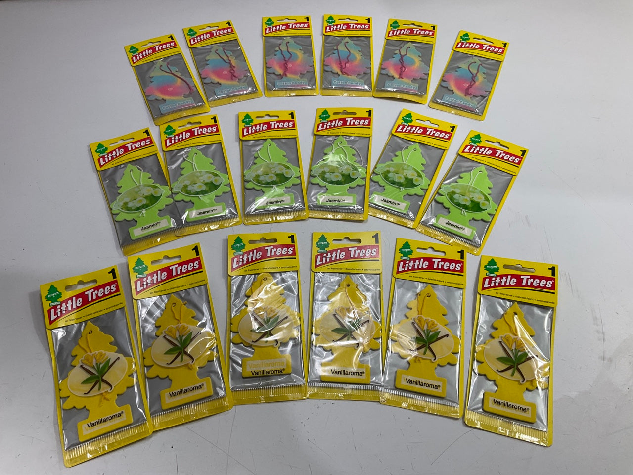 (18) Little Trees Air Fresheners - 6 Vanillaroma, 6 Cotton Candy, 6 Jasmin