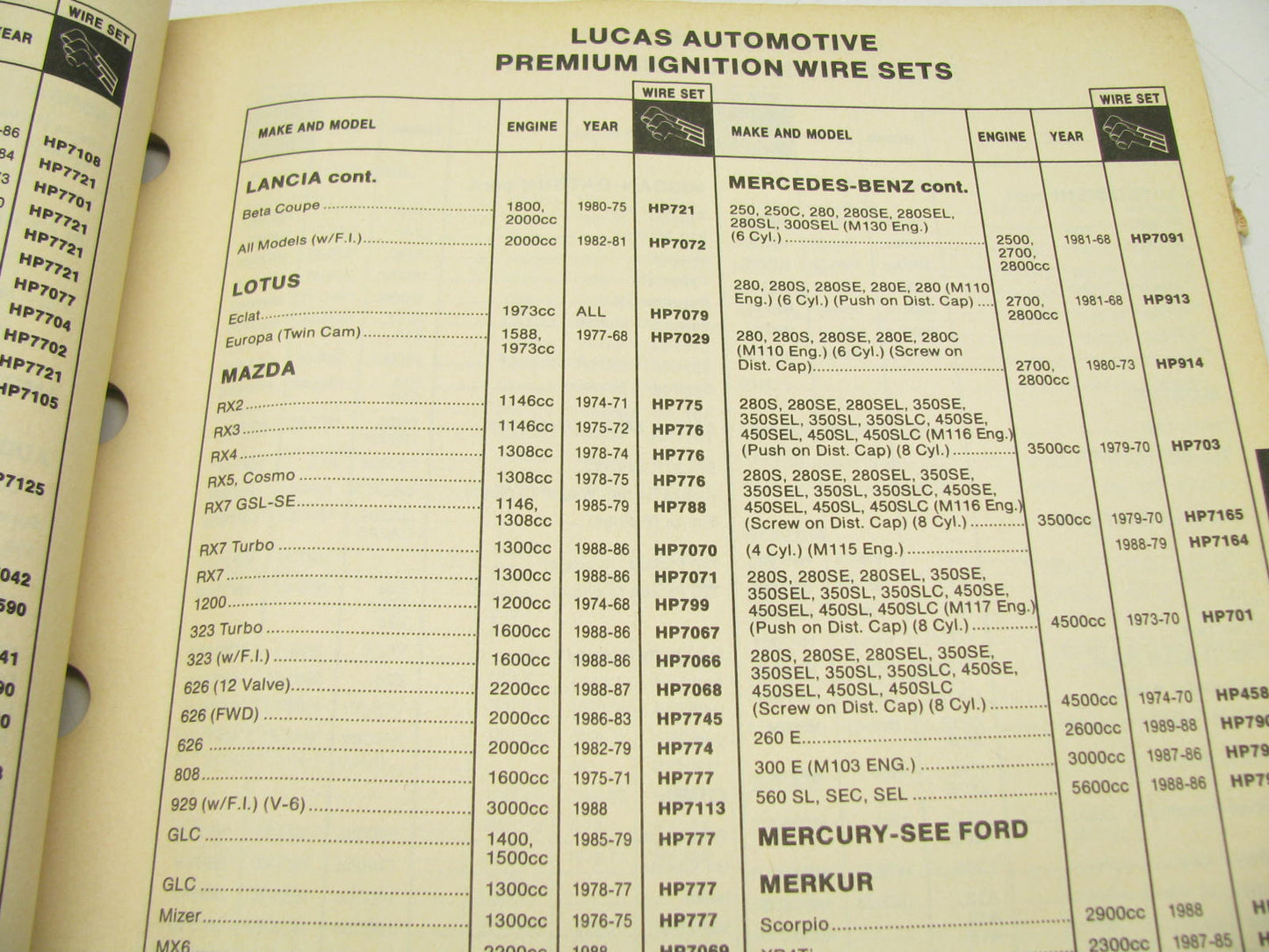 Lucas 1020 Ignition Wire Spark Plug Wire Set Parts Catalog - 1989, 80 Pages