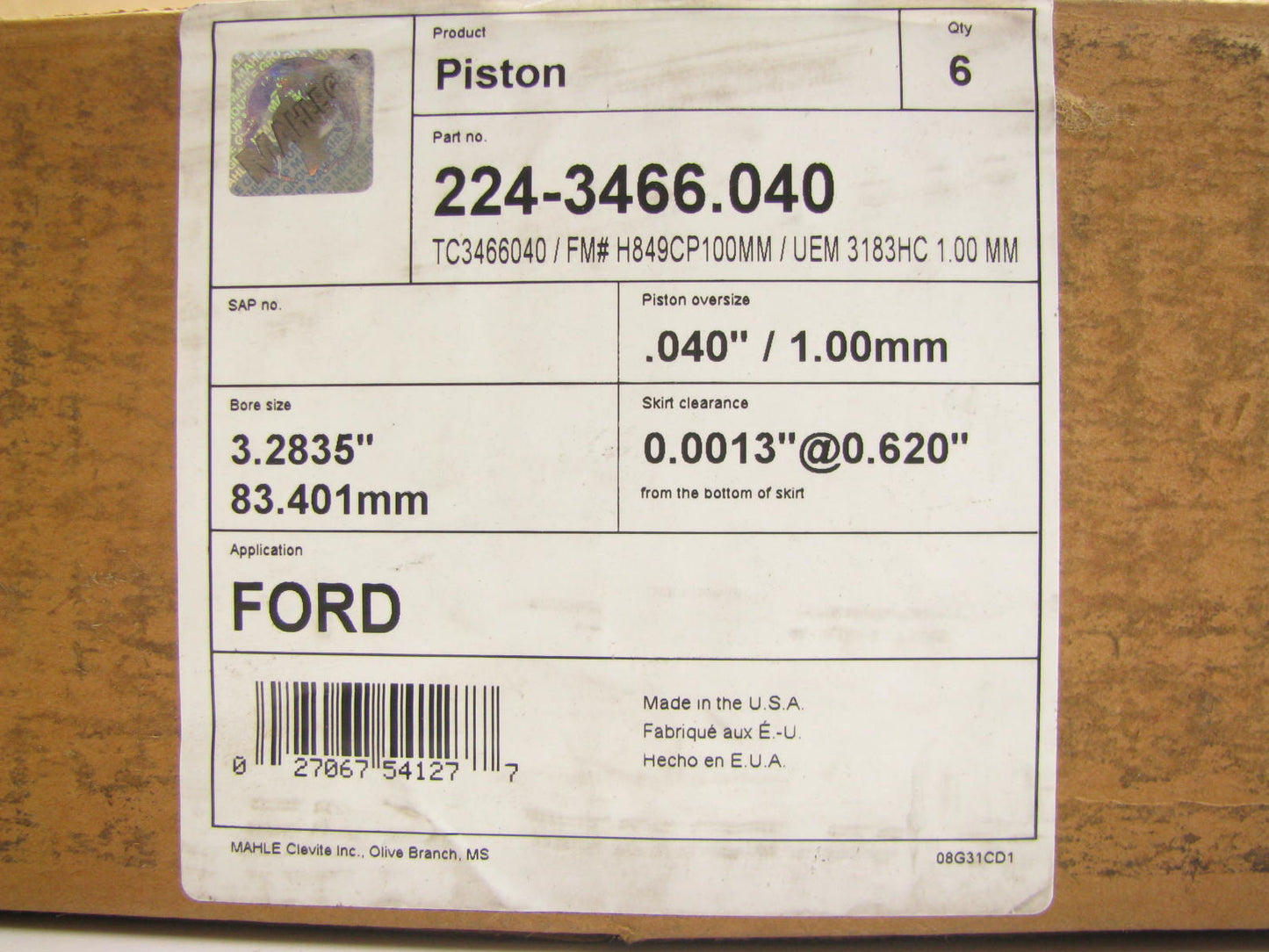 (6) Mahle 224-3466-040 Engine Pistons .040'' For 1998-2000 Ford 2.5L DOHC