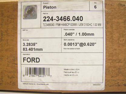 (6) Mahle 224-3466-040 Engine Pistons .040'' For 1998-2000 Ford 2.5L DOHC