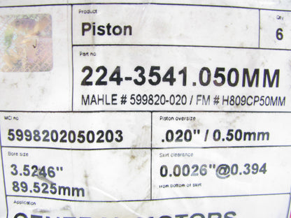 Mahle 224-3541 0.50mm Piston Set - 1994-1999 GM Chevy 3.1L V6