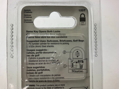 Master Lock 120T 3/4in (19mm) Wide Solid Brass Body Padlock, 2-Pack