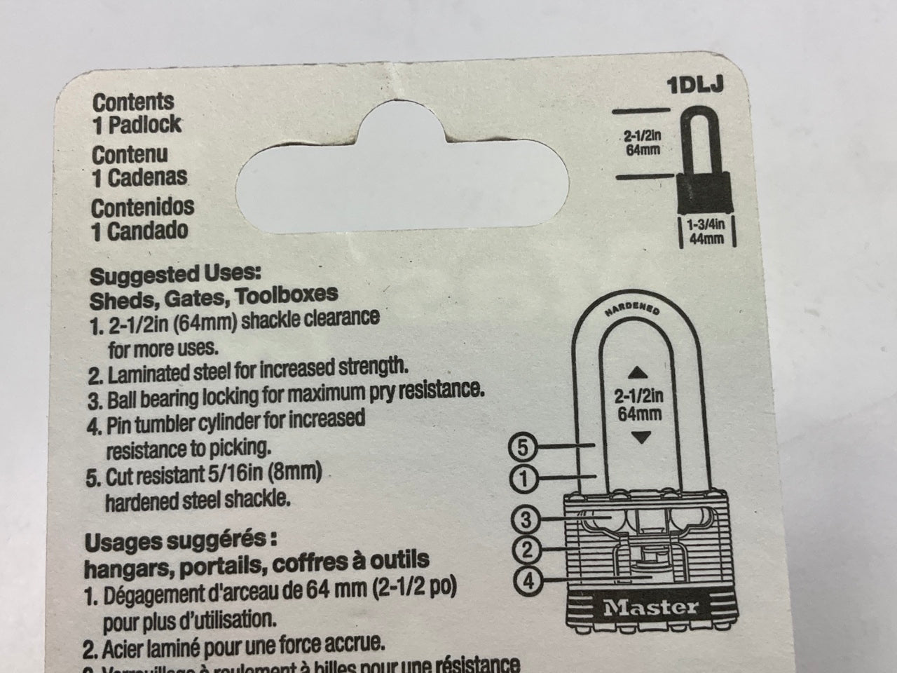 Master Lock 1DLJ Laminated Steel Long Shackle 2.5'' Padlock- 2 Keys