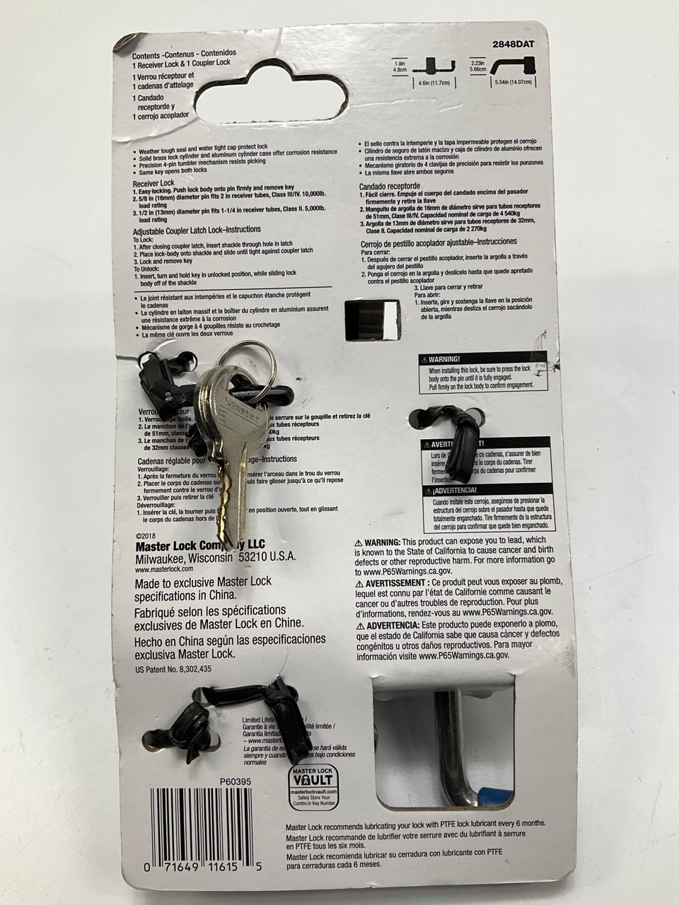 Master Lock 2848DAT Key Alike Set (2 Keys) W/ Receiver & Coupler Latch Locks