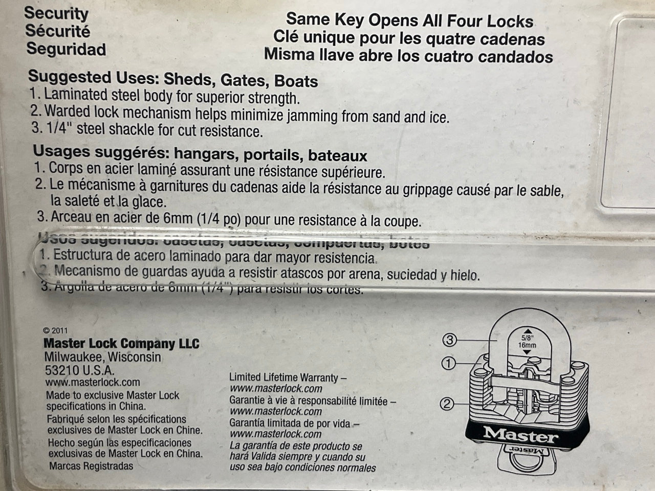 Master Lock 3009D 1-1/2in (38mm) Wide Laminated Steel Warded Padlock; 4-Pack