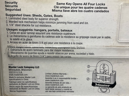 Master Lock 3009D 1-1/2in (38mm) Wide Laminated Steel Warded Padlock; 4-Pack