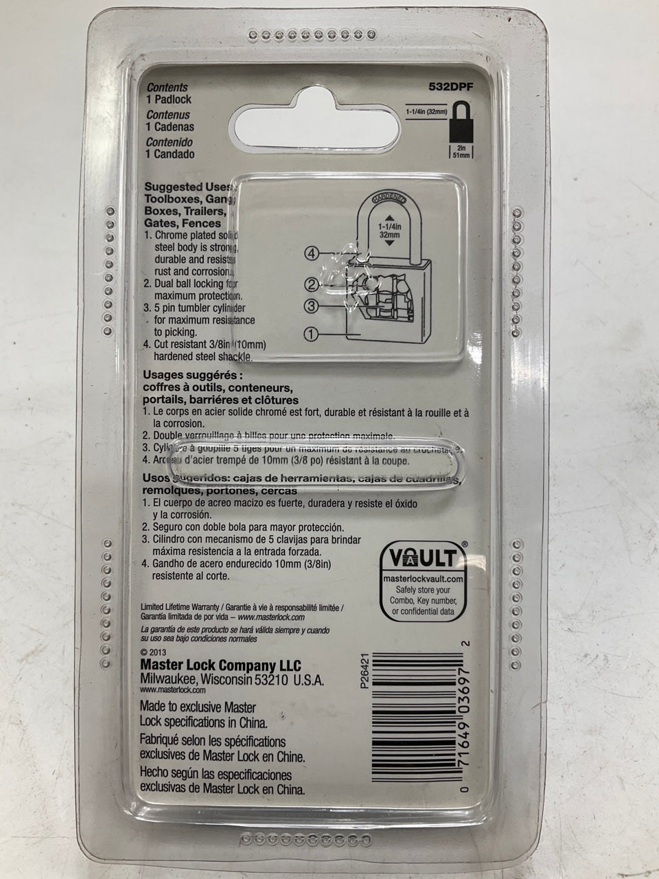 NEW Master Lock 532DPF Padlock W/ Chrome Plated Body Ball Bearing Locking 5 Pin