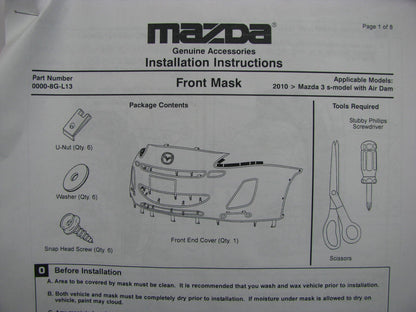 New Genuine Front End Mask Bra Cover OEM For 2010-11 Mazda 3 S Model ONLY