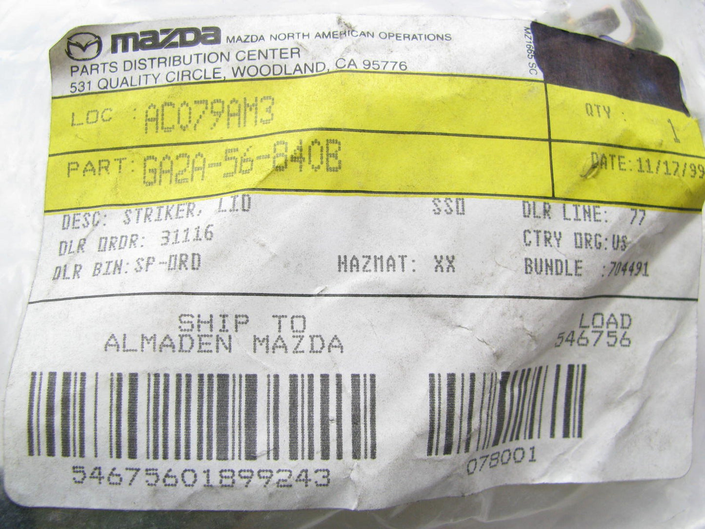 New Genuine Trunk Lid Striker Plate Pin OEM 1995-1997 Mazda MX-6 GA2A-56-840B