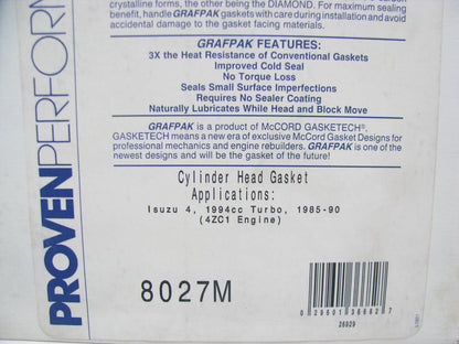 Mccord 8027M Cylinder Head Gasket 1985-1989 Isuzu Impulse 2.0L I4 Turbocharged