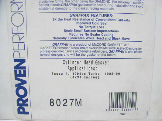 Mccord 8027M Cylinder Head Gasket 1985-1989 Isuzu Impulse 2.0L I4 Turbocharged