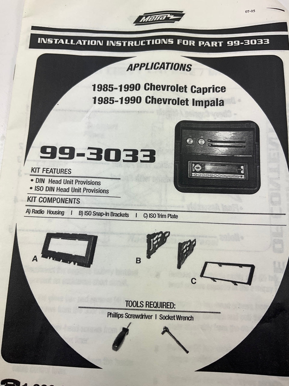 Metra 99-3033 Single DIN Radio Stereo Installation Dash Kit For 1985-90 Caprice