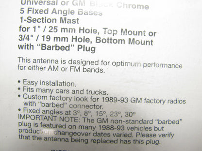 Metra AW-GM97B Universal Antenna For Most 1989-1993 GM Trucks And Vans