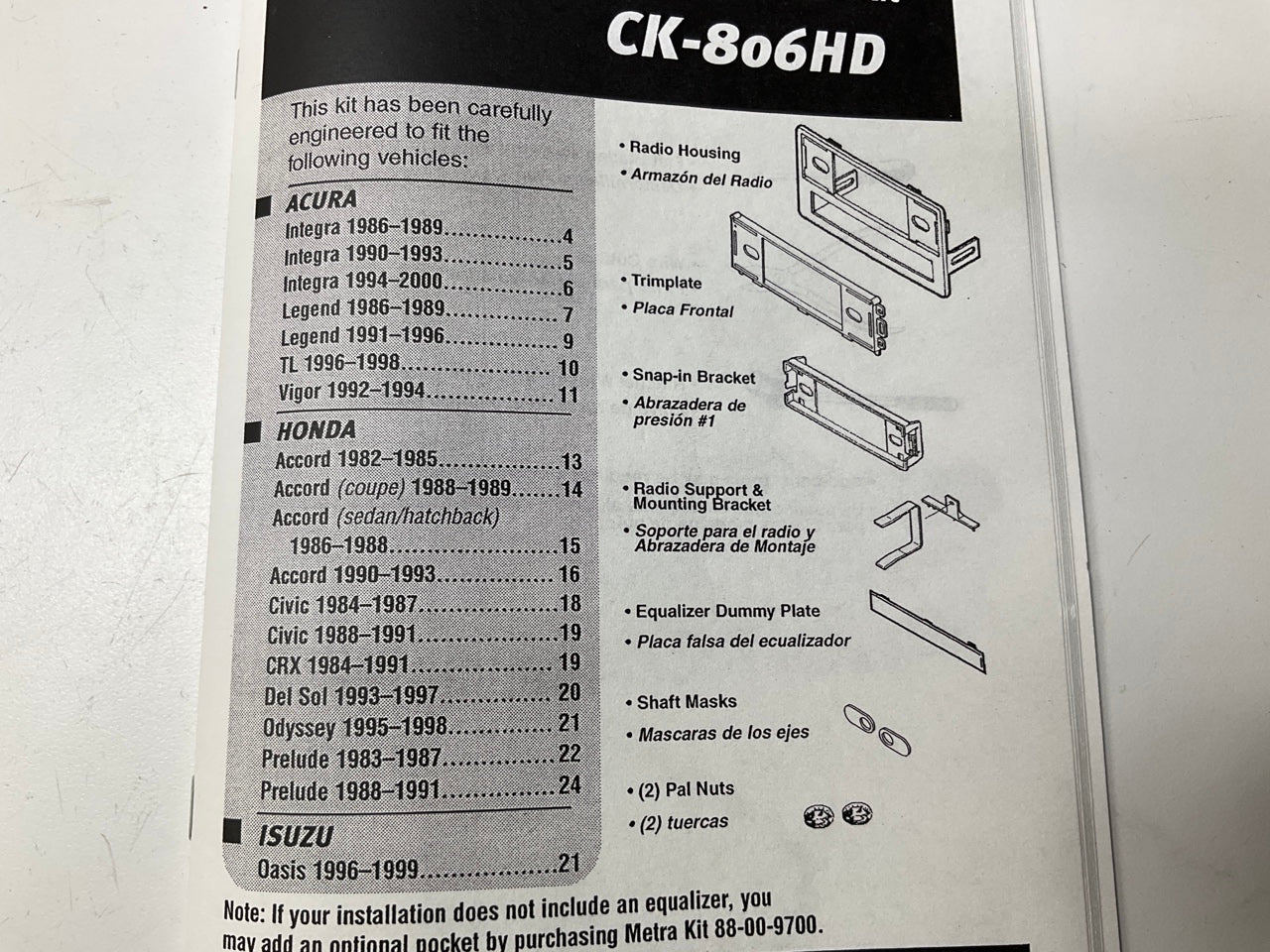 Metra CK-806HD Radio Stereo Installation Kit For Honda / Acura