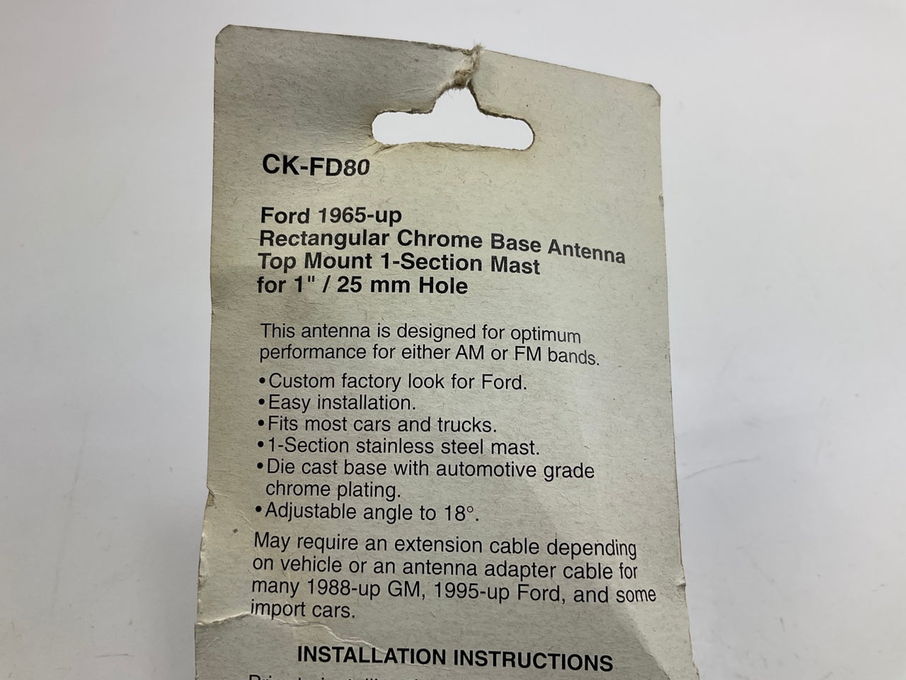 Metra CK-FD80 Universal Antenna 1965-Up Ford, Rectangle Chrome Base For 1'' Hole