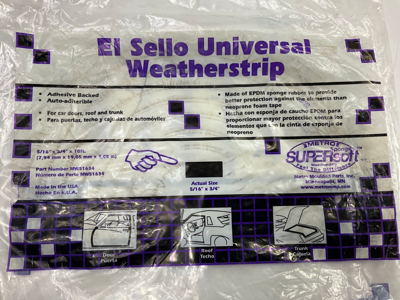 Metro Adhesive Backed EPDM Rubber Weatherstrip Seal - 3/4'' W X 5/16'' T, 10' L