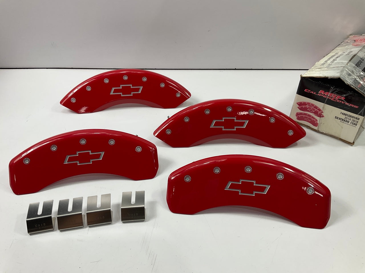MISSING CLIPS  MGP 14005SBOWRD RED Brake Caliper Covers 2014-2018 Silverado 1500