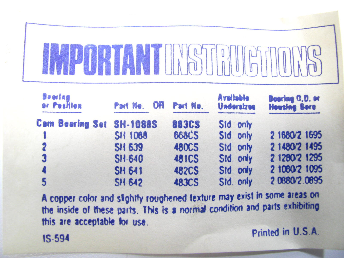 Michigan SH-1088S Camshaft Bearings - Standard 1977-89 GM 260 307 350 403