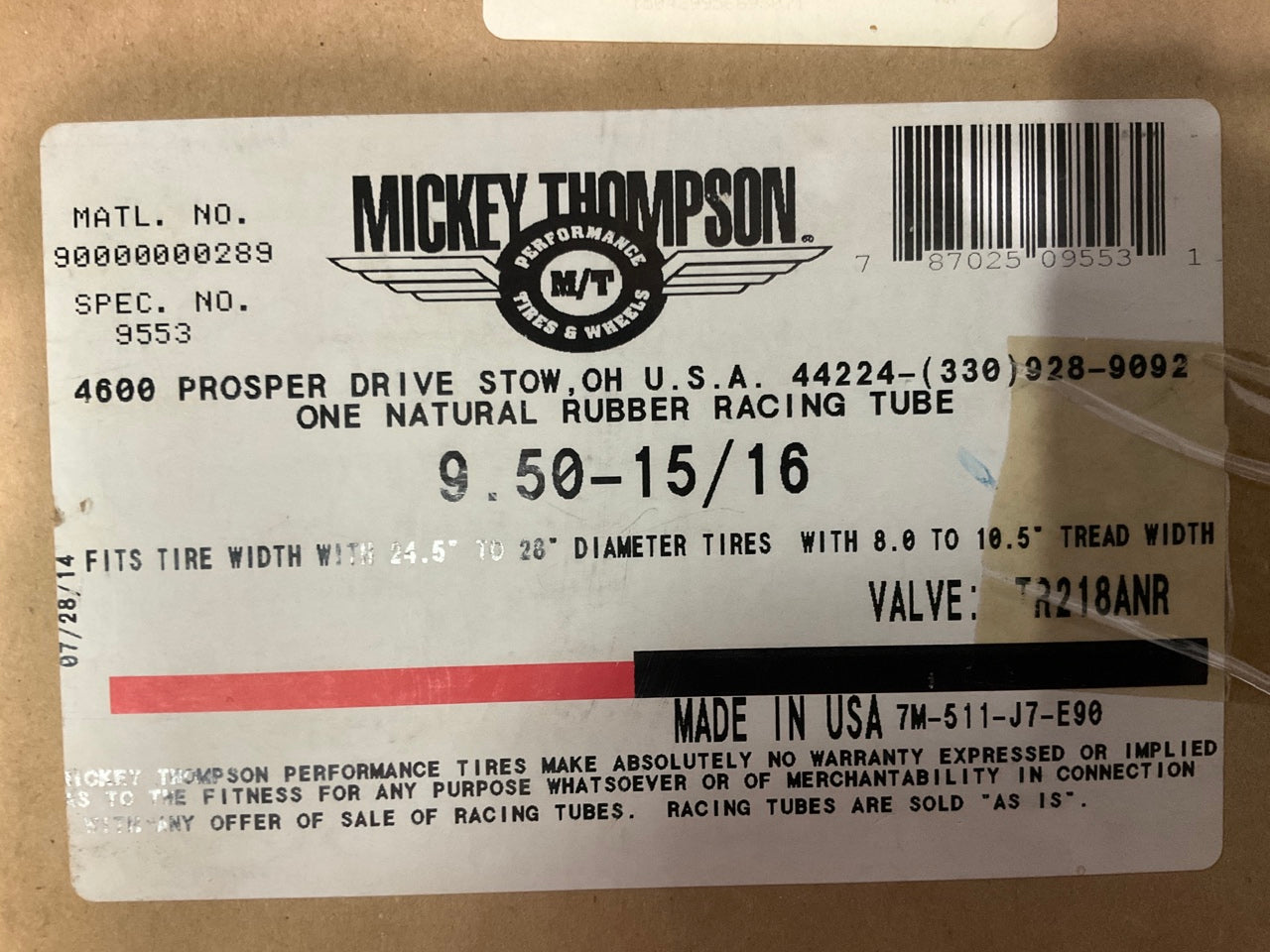 Mickey Thompson 90000000289 Natural Rubber Racing Tire Tube 9.50-15/16 MT 9553