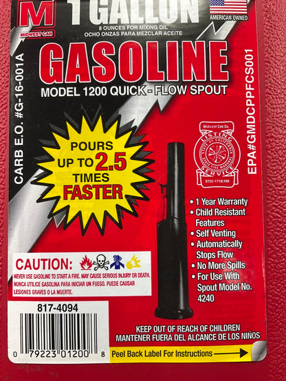(2) Midwest Can 1200  1 Gallon Gas Can Auto Shut Off Gasoline Water Fuel Jug