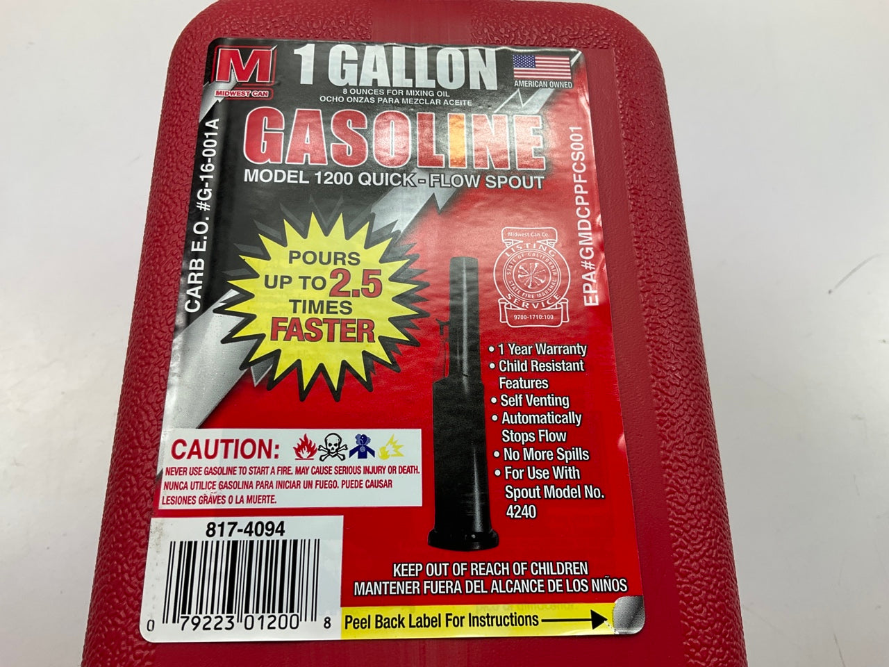 Midwest Can 1200 1 Gallon Red Gas Can Fuel Container Jug