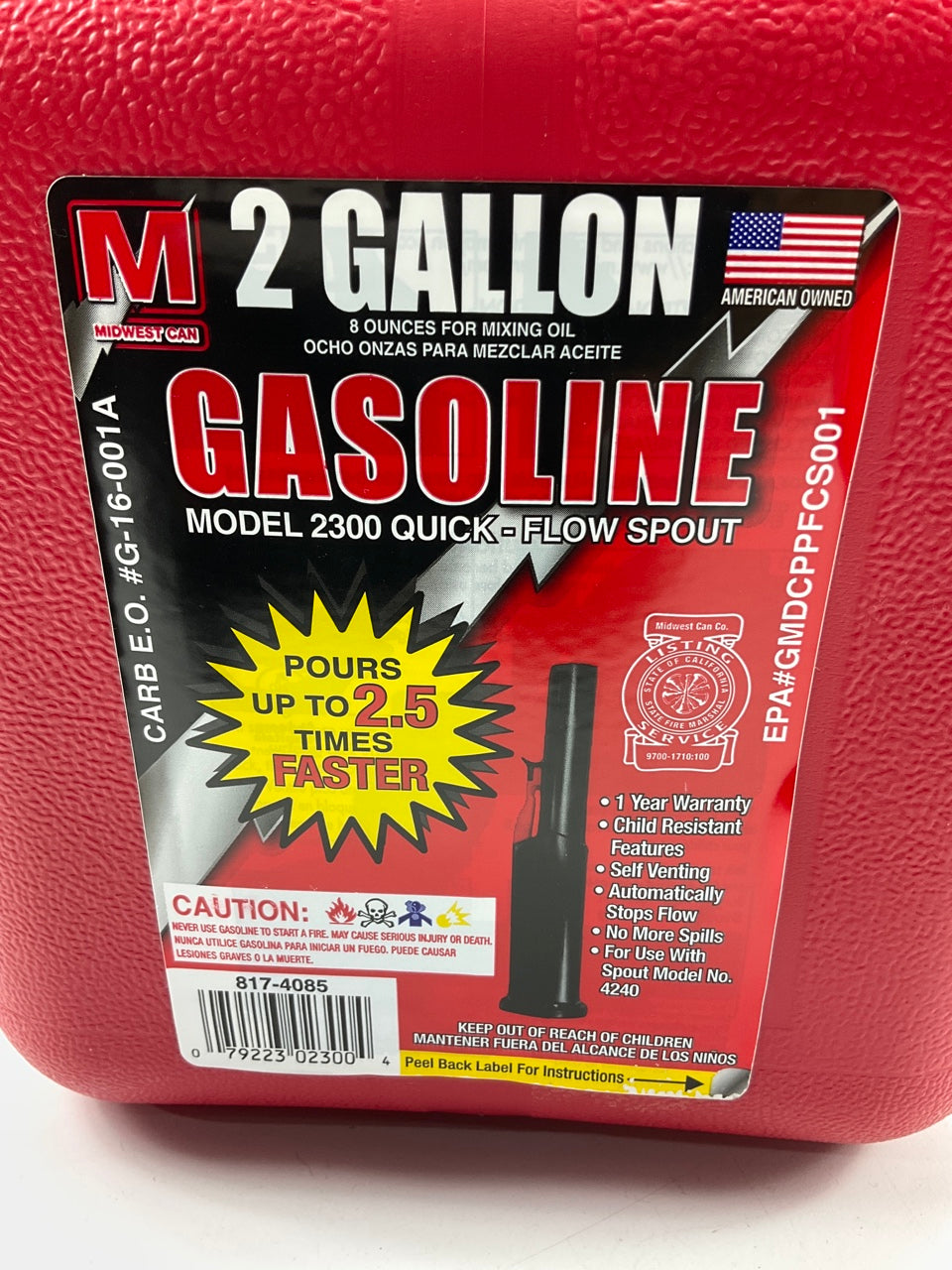 (2) Midwest Can 2300 2 Gallon Red Plastic Gas Can With Quick Flow Spout