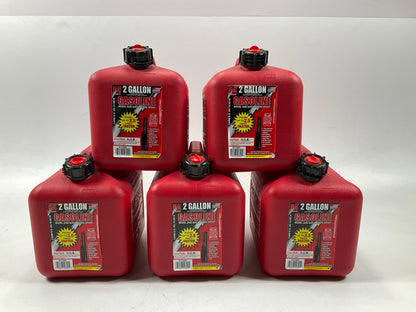 (5) Midwest Can 2300 2-Gallon Red Plastic Gas Fuel Cans With Quick Flow Spout