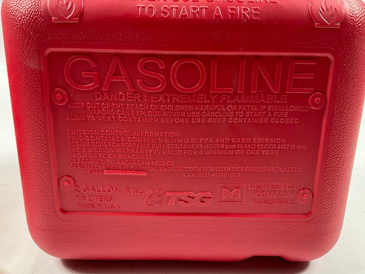 (5) Midwest Can 2300 2-Gallon Red Plastic Gas Fuel Cans With Quick Flow Spout