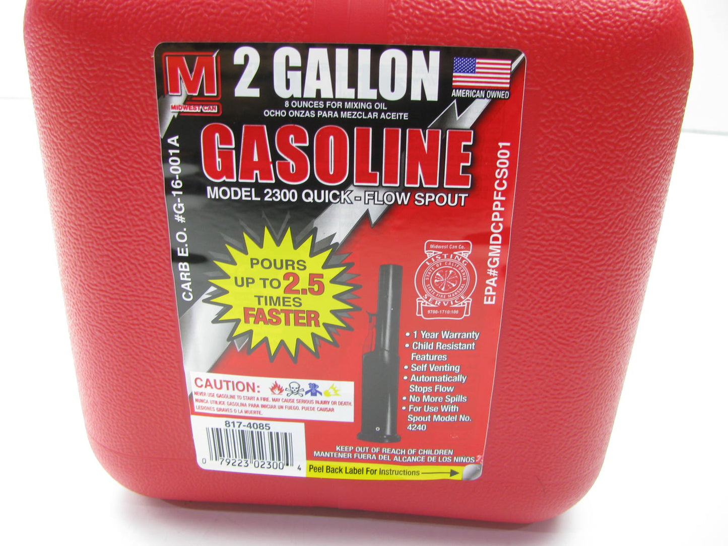 Midwest Can 2300 2-Gallon Red Plastic Gas Fuel Can With Quick Flow Spout