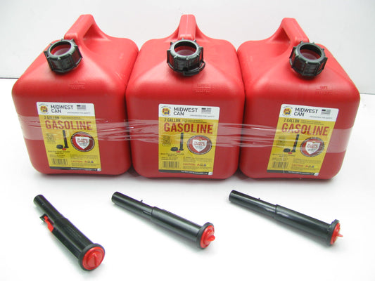 (3) Midwest Can 2310 2-Gallon Red Plastic Fuel Gas Cans With Flame Shield Safety