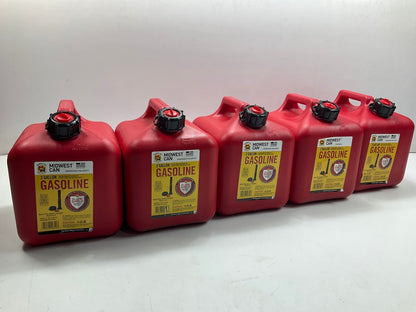 (5) Midwest Can 2310 2-Gallon Red Plastic Fuel Gas Cans With Flame Shield Safety