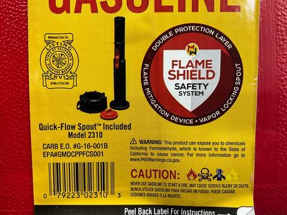 (5) Midwest Can 2310 2-Gallon Red Plastic Fuel Gas Cans With Flame Shield Safety