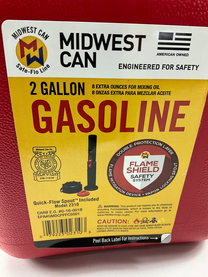 Midwest Can 2310 2-Gallon Red Plastic Fuel Gas Can With Flame Shield Safety