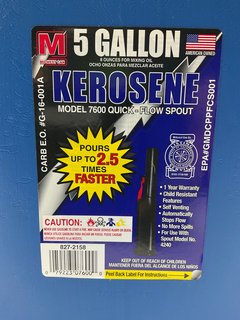 Midwest Can 7600 5 Gallon Blue Plastic Kerosene Fuel Can With Double Handles USA