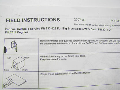 Miller 233029 Fuel Solenoid Service Kit For Big Blue W/ Deutz F4L2011 F3L2011