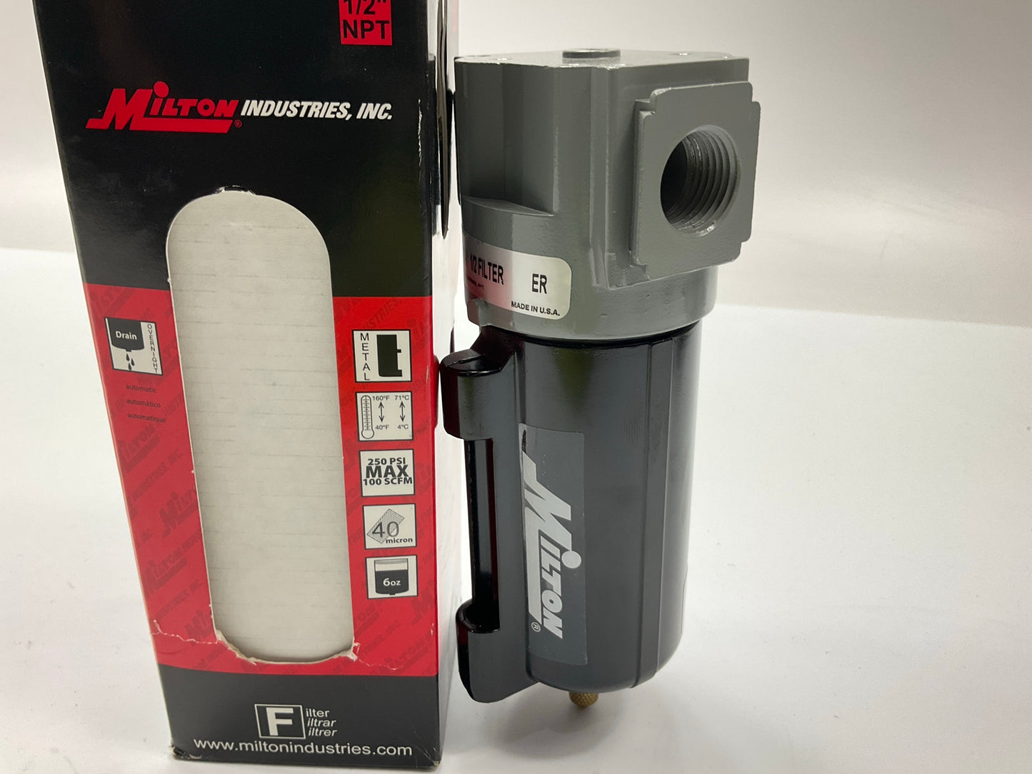 Milton 1020-8 1/2'' NPT Heavy-Duty Metal Micro Filter W Automatic Overnight Drain