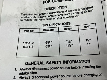 Milton 1051-2 Compressor Filter Housing, 3/4'' NPT, 3 Tube Silencer