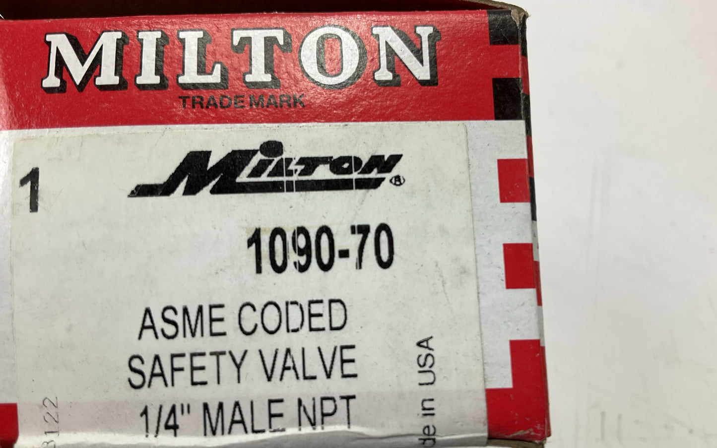Milton 1090-70 1/4'' MNPT ASME Safety Valve, 70 PSI Pop Off Pressure
