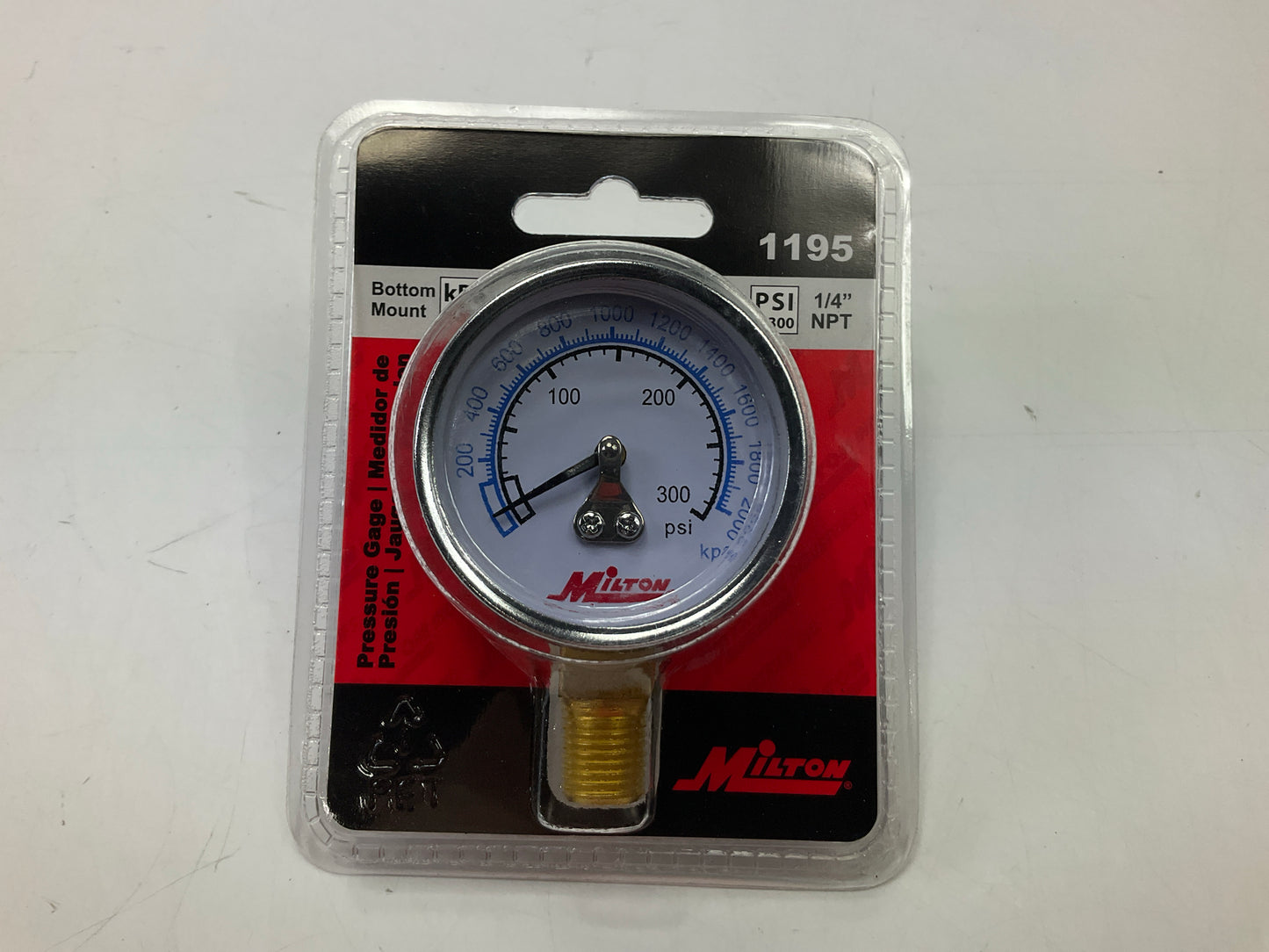 Milton 1195 Air Pressure Gauge Gage 1/4'' NPT, 0-300 PSI - Bottom Mount